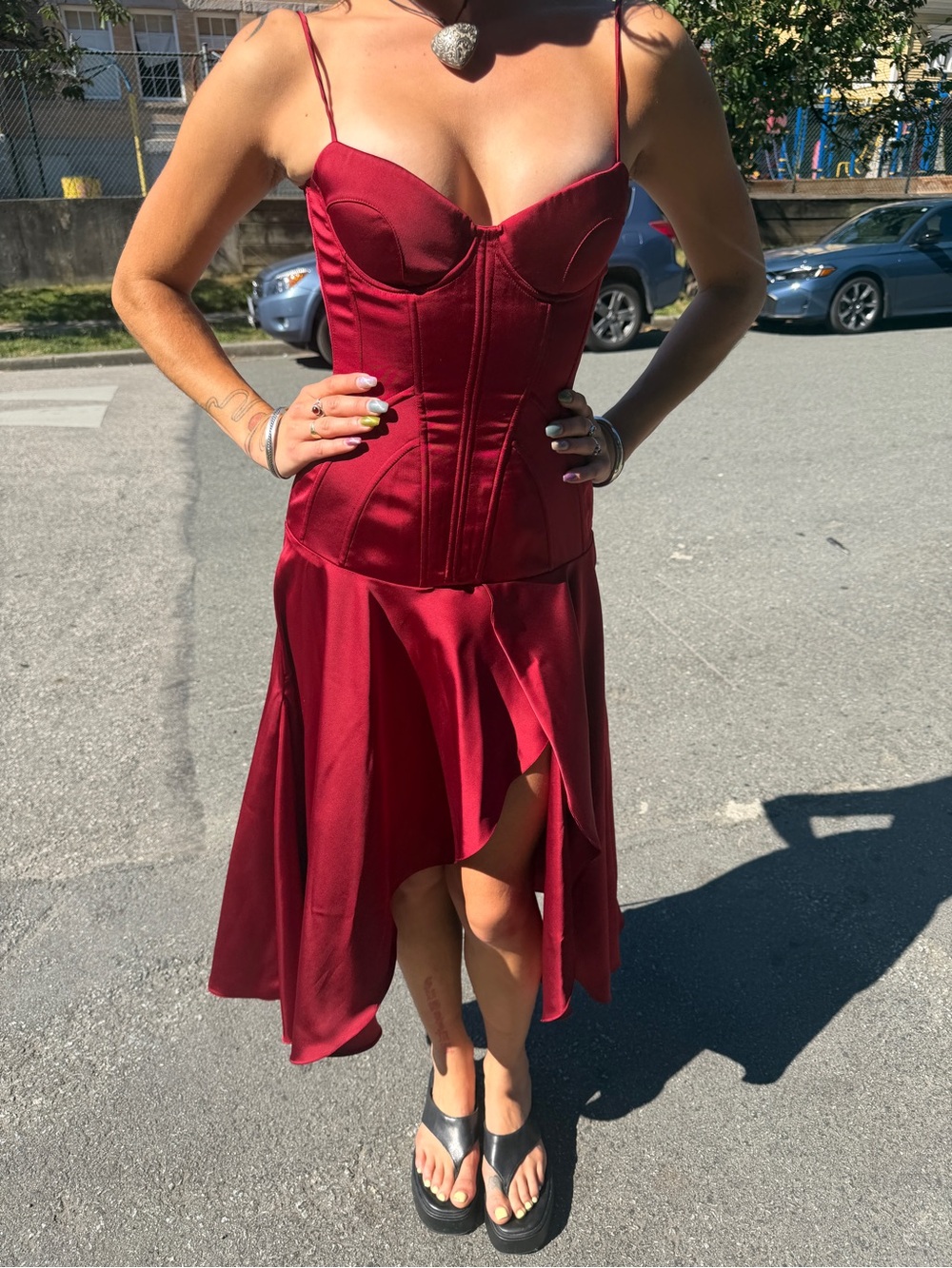 FANCi CLUB Clavicle Corset Wine Red Satin Midi Dress